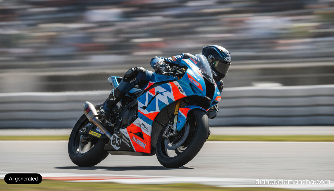 Press-style photo of a Moto3 motorcycle racer leaning into a fast corner on an asphalt racetrack, motion blur on the backg...