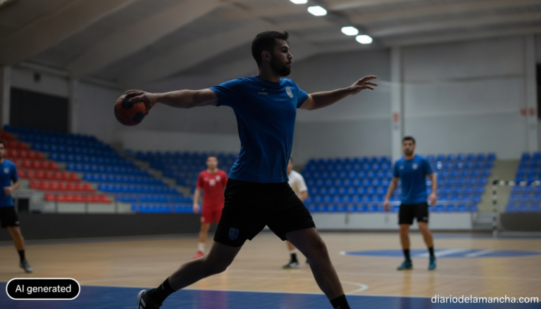 Realistic photojournalism style photo of a handball player throwing the ball during an indoor match, generic sports arena ...
