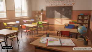 Editorial photo of an empty Spanish primary school classroom with small colorful desks, a wall alphabet chart, and a teach...