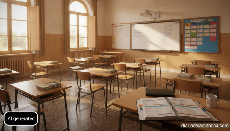 Editorial photo of an empty Spanish secondary school classroom with organized desks, a wall timetable board, and a teacher...