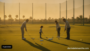 Image of a golf practice range in Spain at golden hour, a golf instructor teaching a small diverse group including a child...