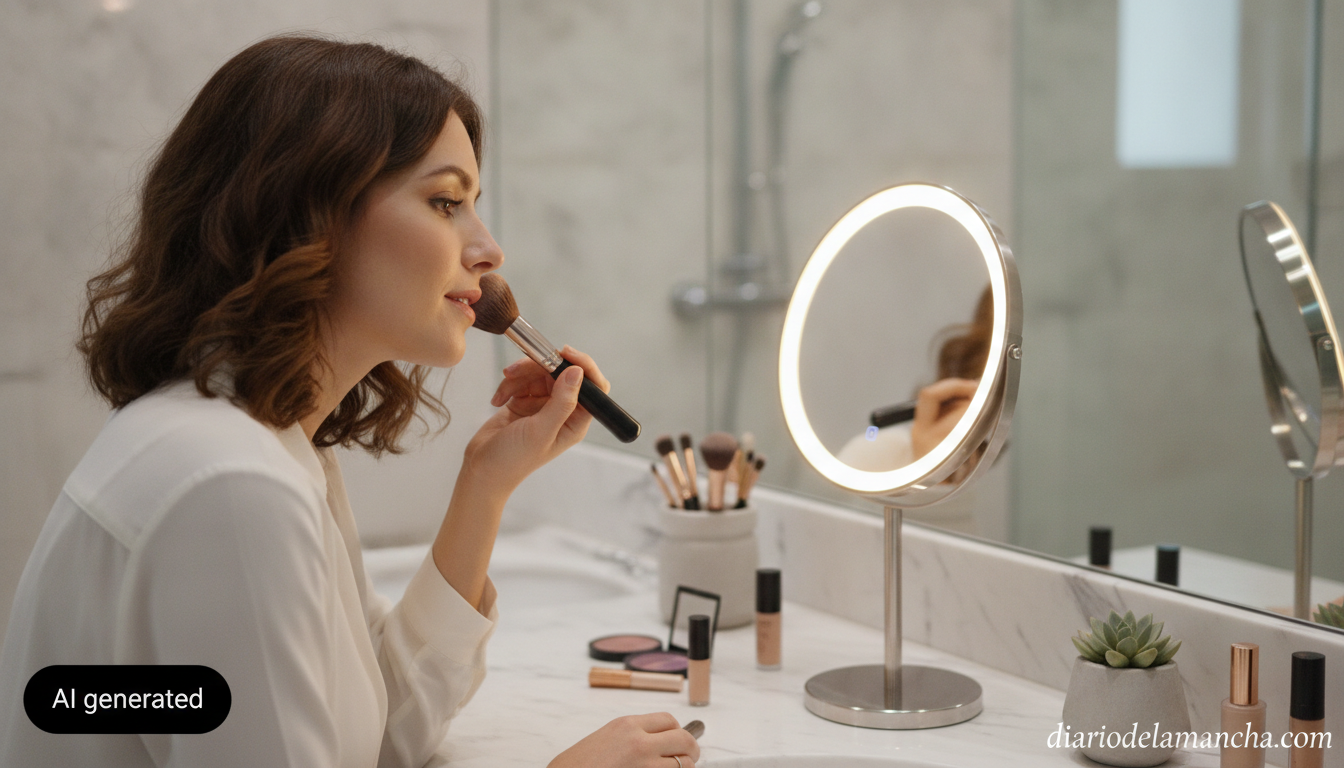Mujer maquillándose frente a un espejo con luz LED