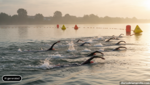 Image of open water swimming competition on a wide river at dawn, swimmers in wetsuits mid-stroke leaving trails of splash...