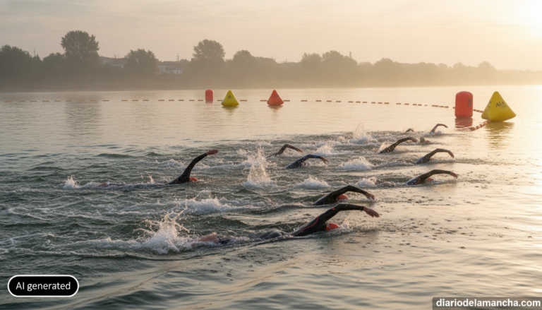 Image of open water swimming competition on a wide river at dawn, swimmers in wetsuits mid-stroke leaving trails of splash...