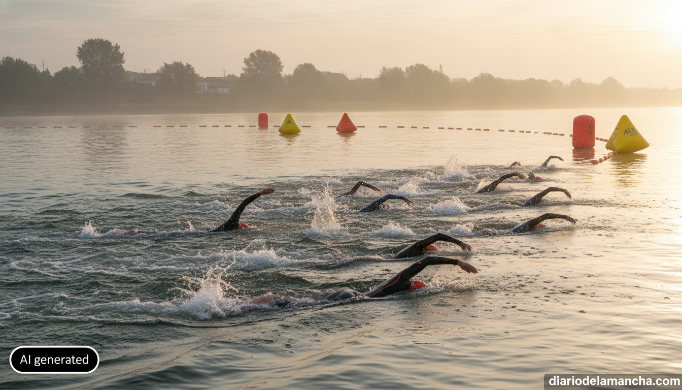 Image of open water swimming competition on a wide river at dawn, swimmers in wetsuits mid-stroke leaving trails of splash...