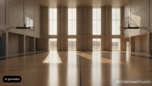 Realistic photojournalism style photo of an empty modern indoor basketball court gymnasium in Spain, polished wooden floor...