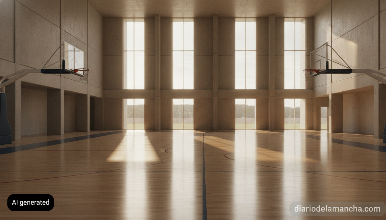 Realistic photojournalism style photo of an empty modern indoor basketball court gymnasium in Spain, polished wooden floor...