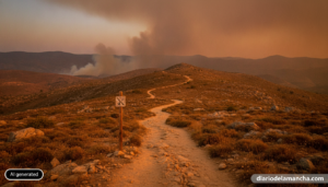 Editorial photo of a mountain hiking trail in central Spain, dry summer landscape with visible smoke haze in the distant h...
