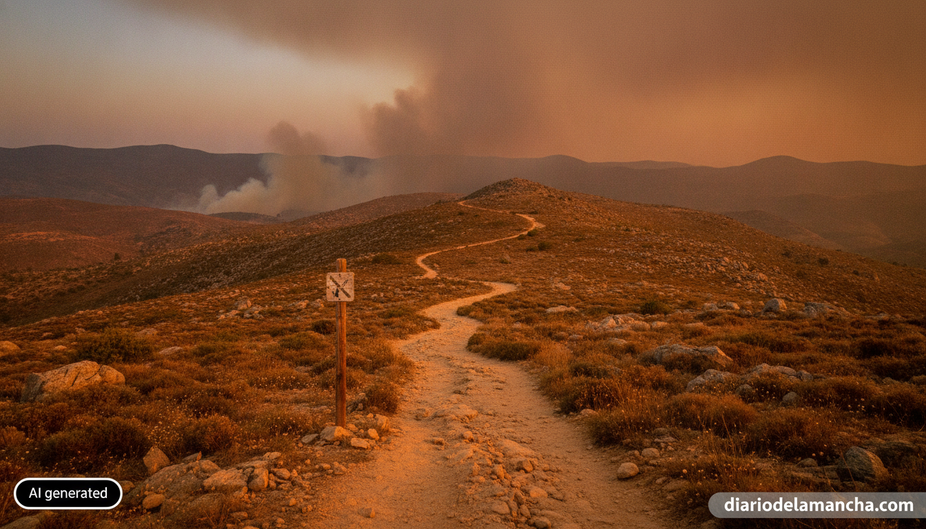 Editorial photo of a mountain hiking trail in central Spain, dry summer landscape with visible smoke haze in the distant h...