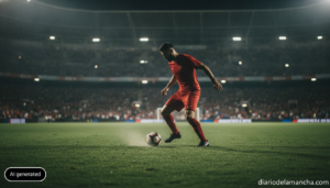 Photojournalistic sports photo: a football player in a red kit controlling the ball on a green pitch under stadium floodli...