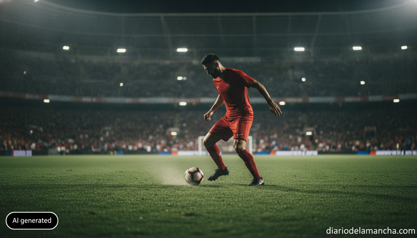 Photojournalistic sports photo: a football player in a red kit controlling the ball on a green pitch under stadium floodli...