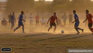 Photojournalistic photo of a local amateur football match on a municipal pitch during a summer town festival in Spain, pla...