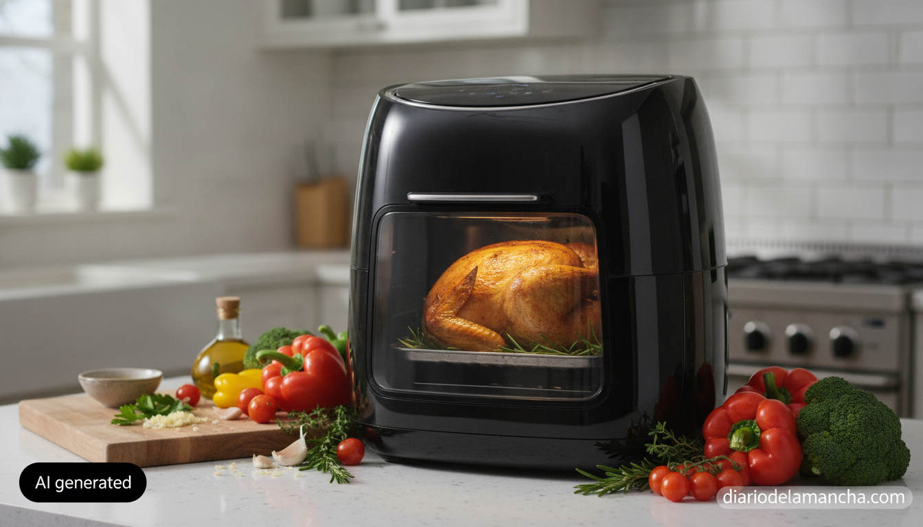 Freidora de aire XL Aigostar con pollo asado en cocina moderna