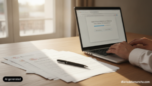 Editorial photo of a desk with official Spanish public administration forms, a pen, and a laptop showing an electronic doc...