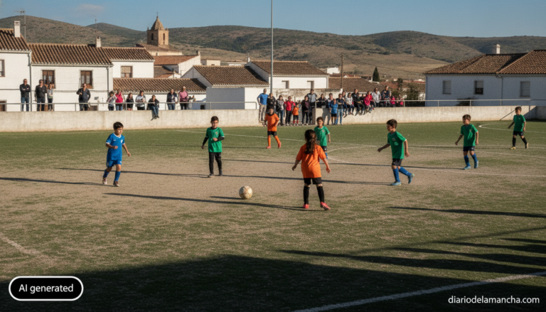 Sports journalism photo of children playing grassroots football on a municipal pitch in a small Spanish town, sunny aftern...