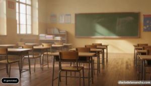 Realistic editorial photograph of an empty primary school classroom with wooden desks and chairs in soft morning light, a ...