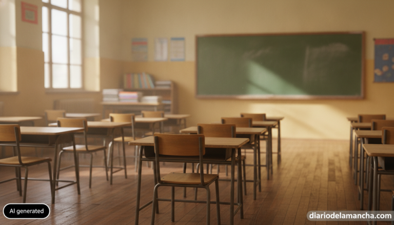 Realistic editorial photograph of an empty primary school classroom with wooden desks and chairs in soft morning light, a ...