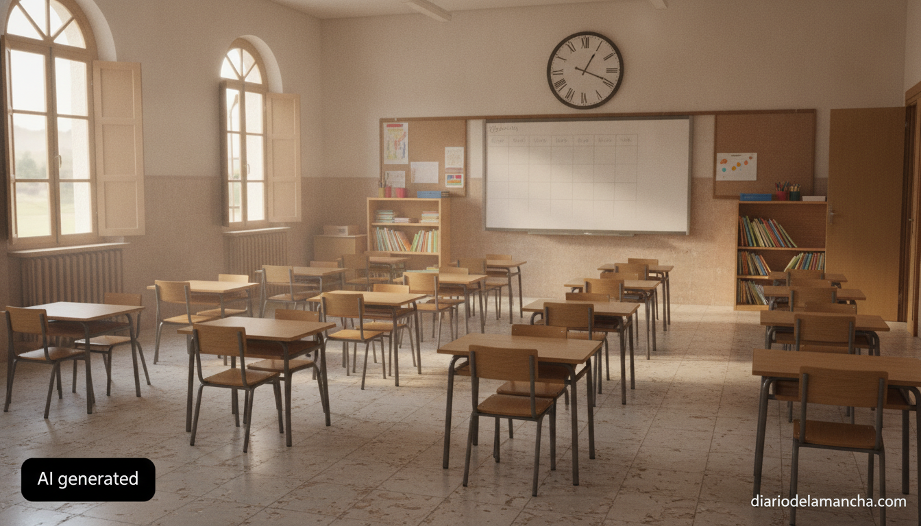 Photojournalistic realistic photo of an empty primary school classroom in Spain, wooden desks and small chairs arranged ne...