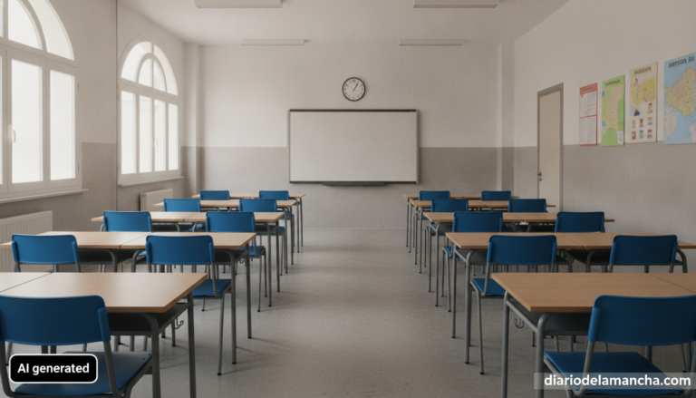 Photojournalistic realistic photo of an empty Spanish secondary school (instituto) classroom, rows of student desks and ch...