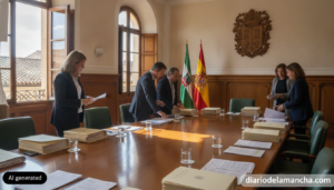 Realistic photojournalism style image of a Spanish regional education ministry office interior, a formal public administra...