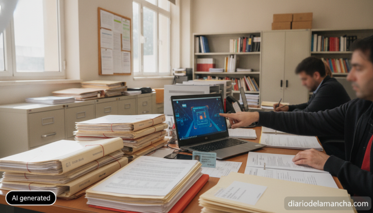 Realistic photojournalism style image of a Spanish public administration office, a desk with official documents, folders, ...