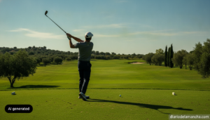 Realistic photojournalism style photo of a golfer mid-swing on a green fairway, golf course in Spain, sunny day, distant t...