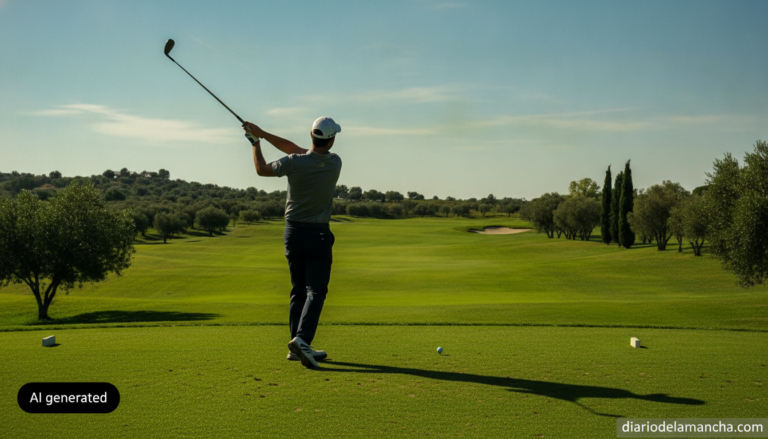 Realistic photojournalism style photo of a golfer mid-swing on a green fairway, golf course in Spain, sunny day, distant t...