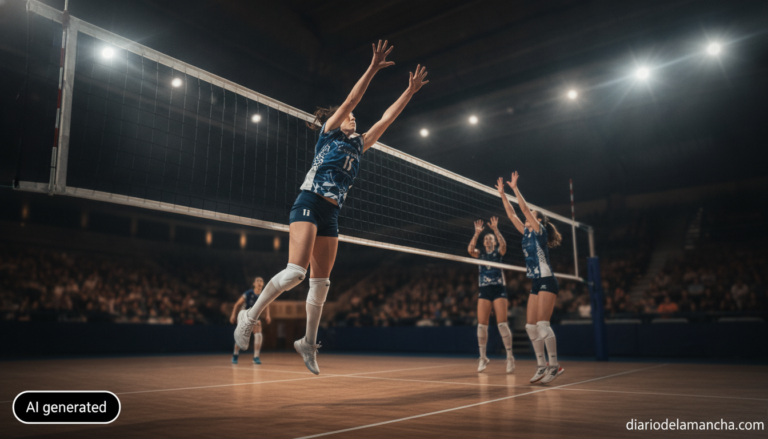 Action shot of a women's volleyball middle blocker jumping to block at the net in an indoor sports arena, dynamic lighting...