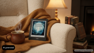 Kindle mostrando un libro de ficción en un rincón de lectura