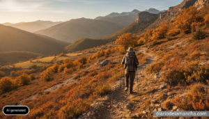 Realistic photojournalism style photo of a hiker with backpack and trekking poles walking on a mountain trail in autumn, S...