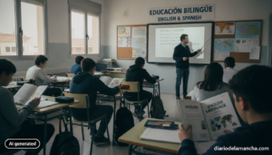 Realistic photojournalism style image of a Spanish secondary school classroom with a bilingual education sign, students st...