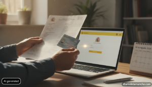 Editorial photo of a person's hands holding official Spanish administrative paperwork and a digital ID card near a laptop ...