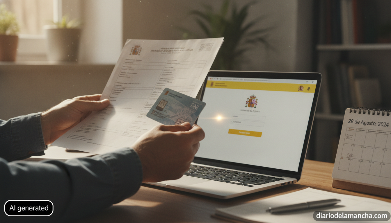 Editorial photo of a person's hands holding official Spanish administrative paperwork and a digital ID card near a laptop ...