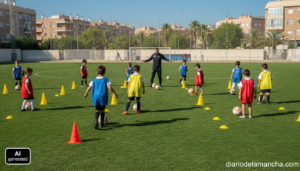 Sports journalism photo of a children's summer football camp on a municipal grass pitch in Spain, young kids in training b...
