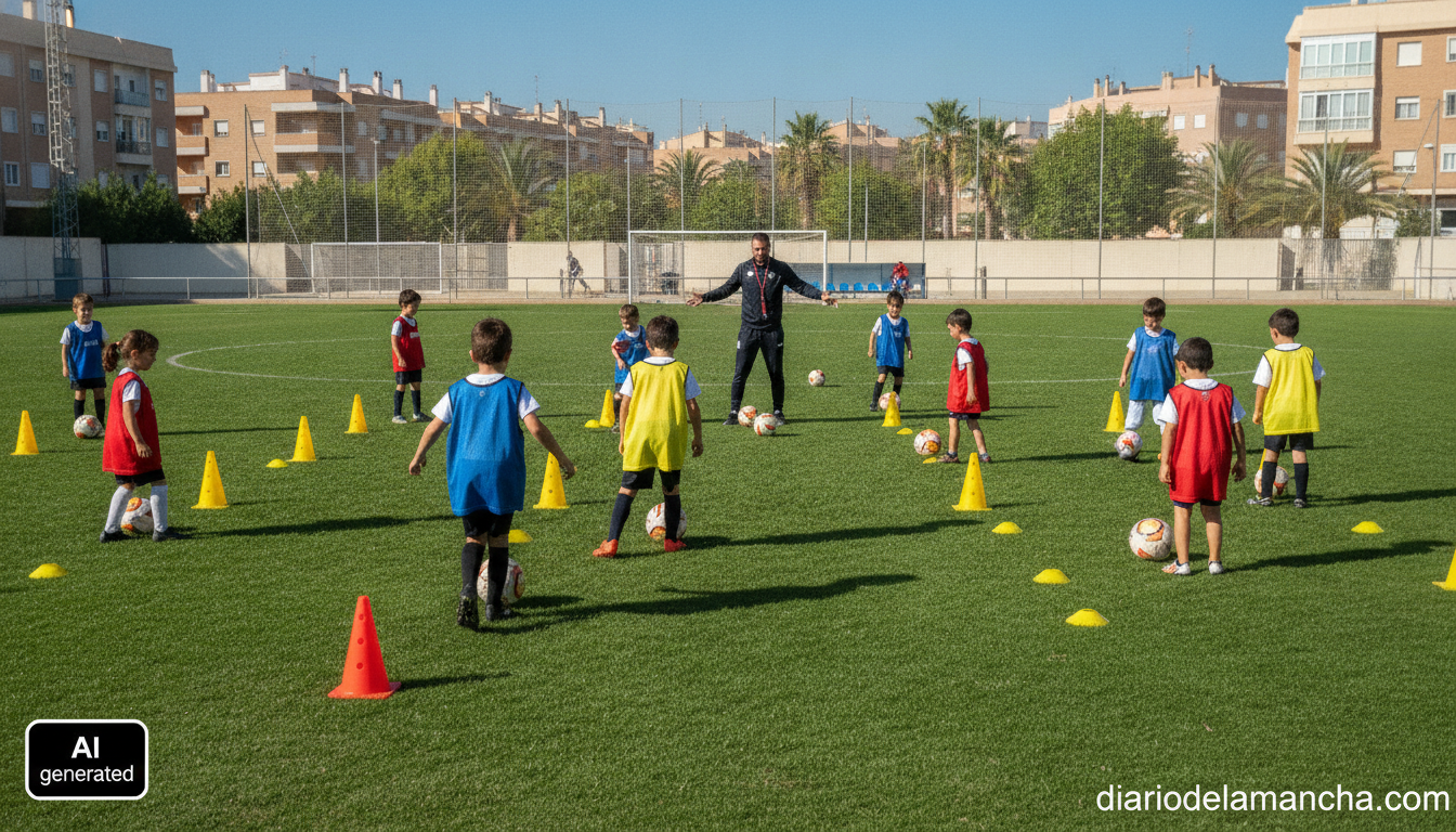 Sports journalism photo of a children's summer football camp on a municipal grass pitch in Spain, young kids in training b...