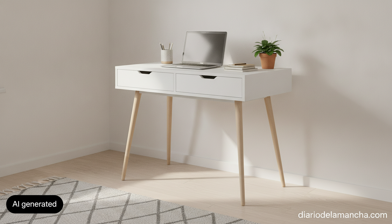 Mesa de escritorio compacta con cajones en espacio reducido