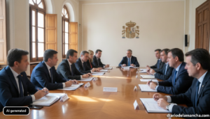 Realistic photojournalism style image of a formal negotiation meeting room, long table with several people in business att...