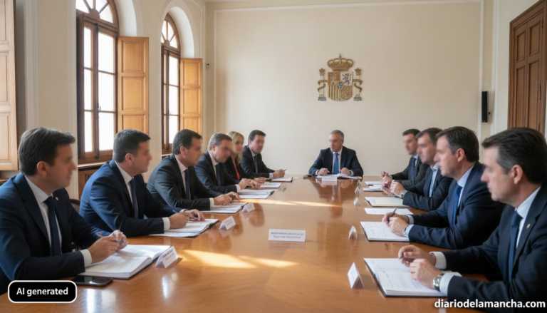 Realistic photojournalism style image of a formal negotiation meeting room, long table with several people in business att...
