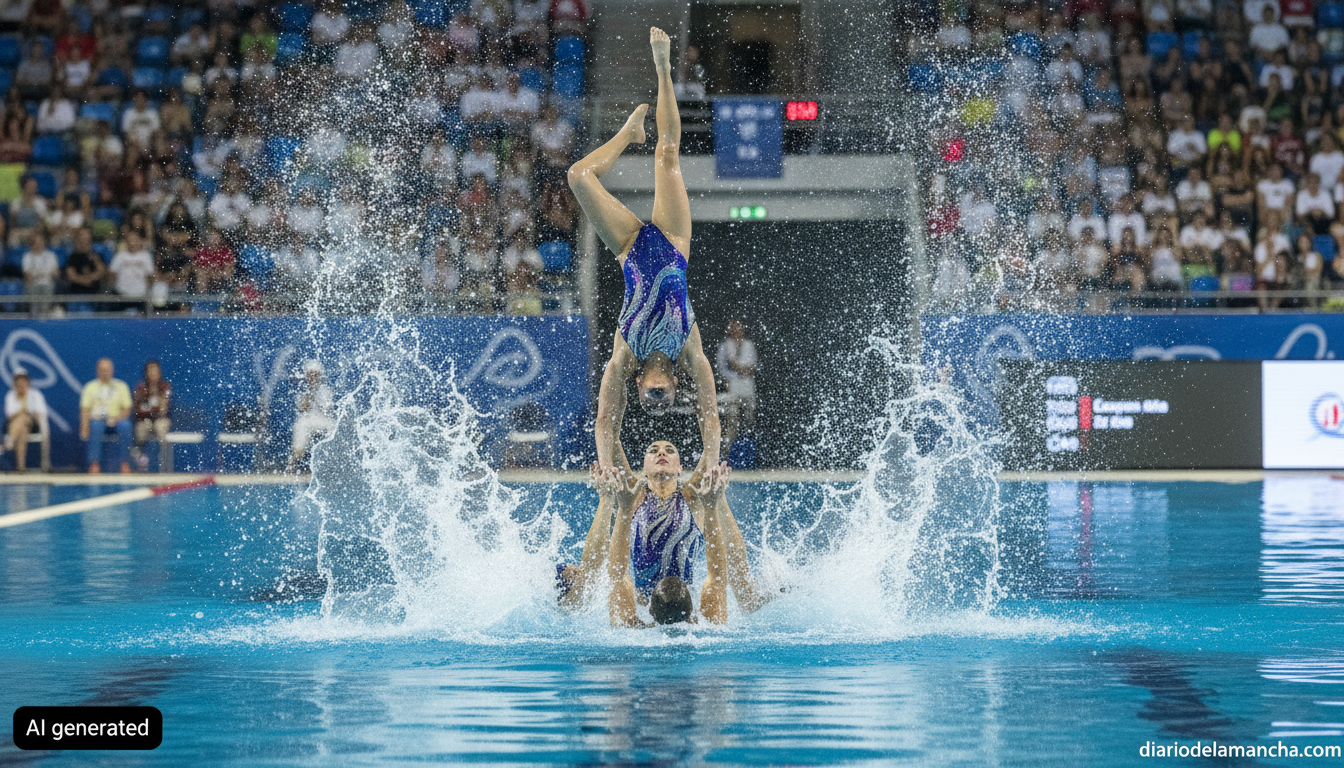 Action shot of synchronized/artistic swimmers performing an acrobatic lift routine in a swimming pool, water splash, blue ...