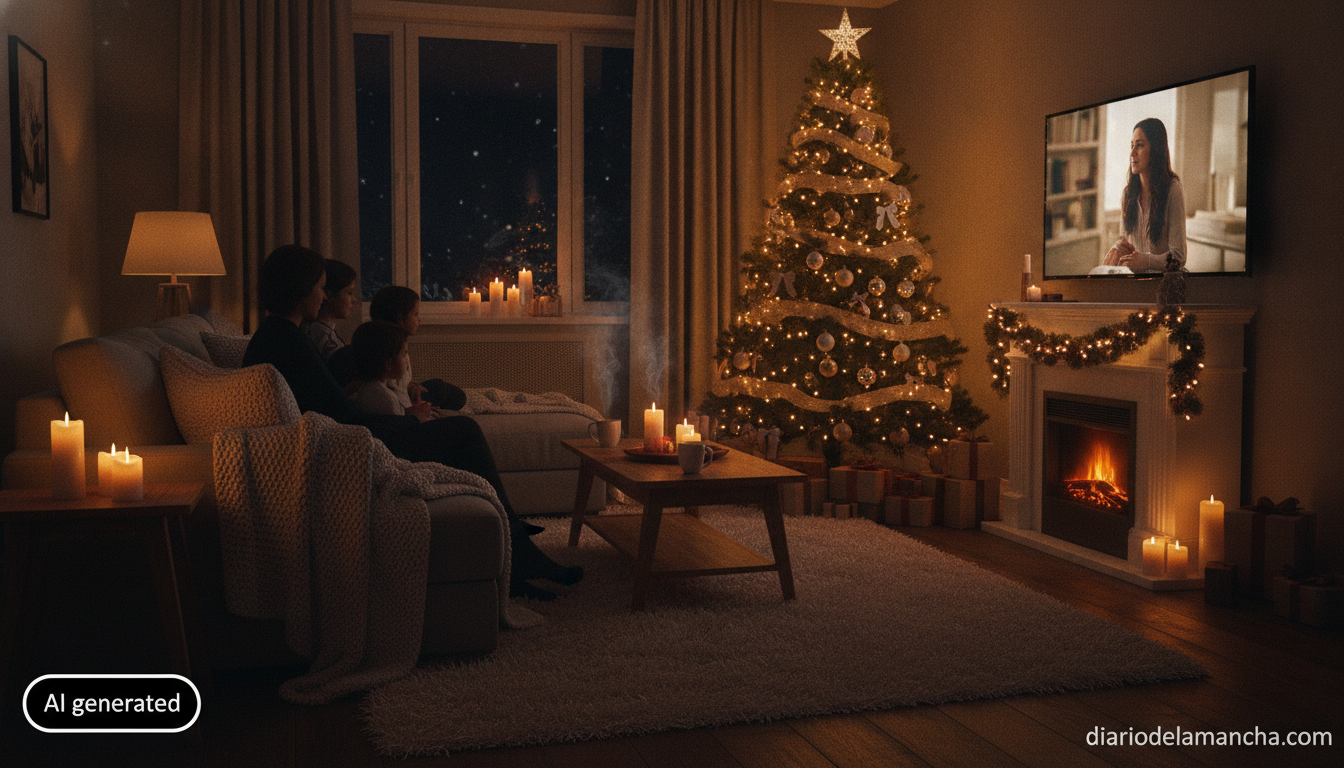 Familia viendo películas navideñas en el salón