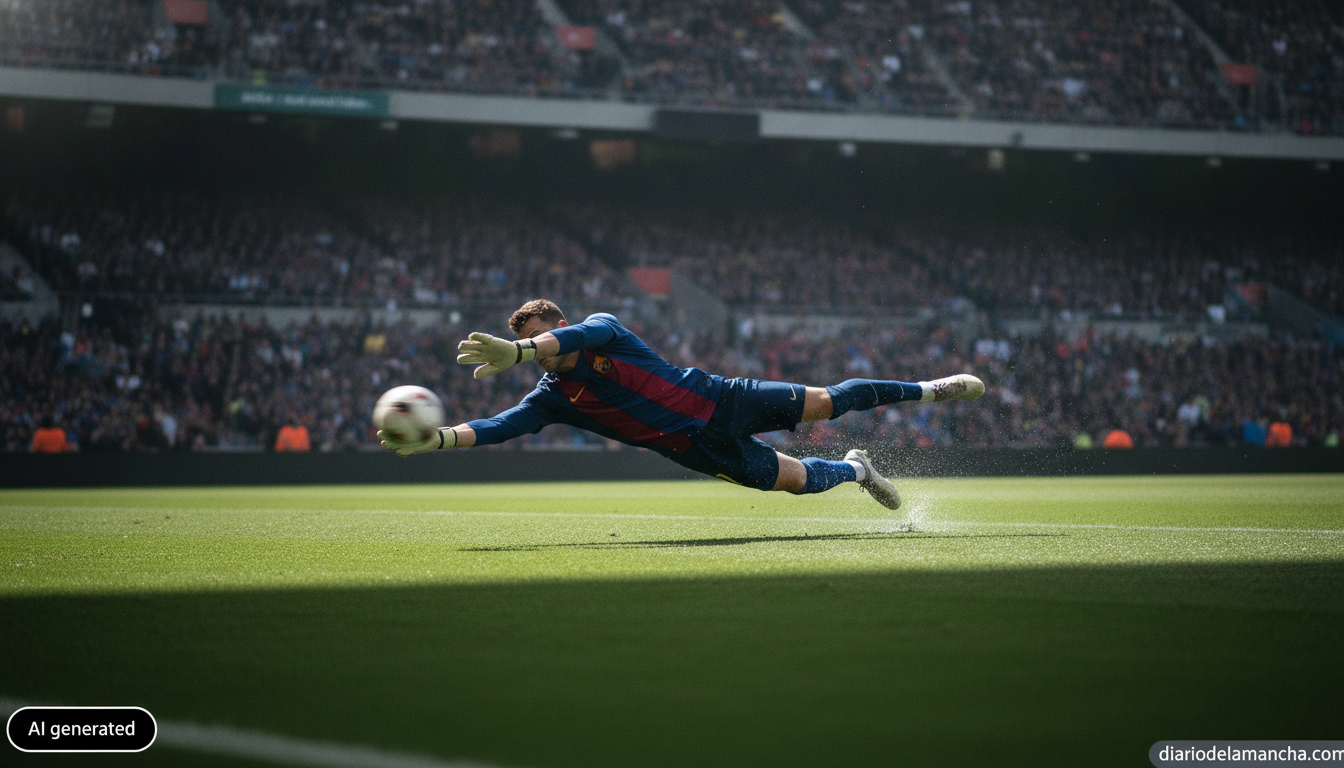 Sports journalism photo of a goalkeeper in a dark blue and dark red football kit making a diving save in a stadium, dramat...
