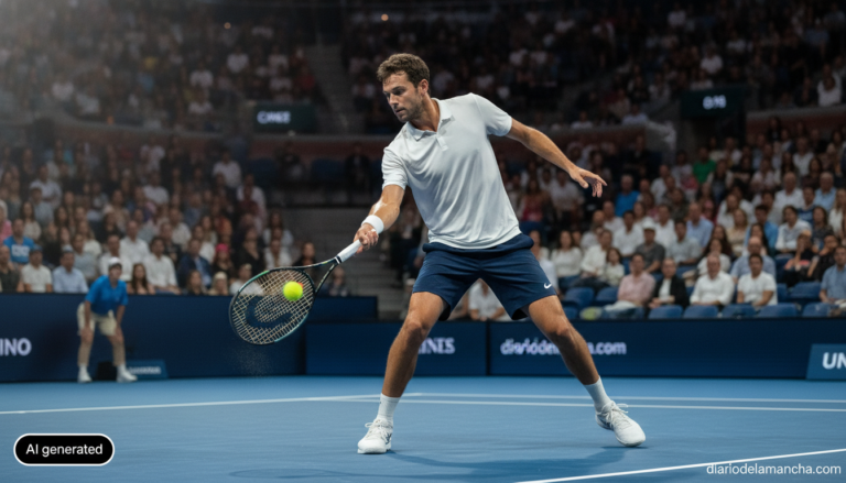 Sports journalism photo of a male tennis player on a hard court during an ATP Masters 1000 tournament, mid-match action sh...