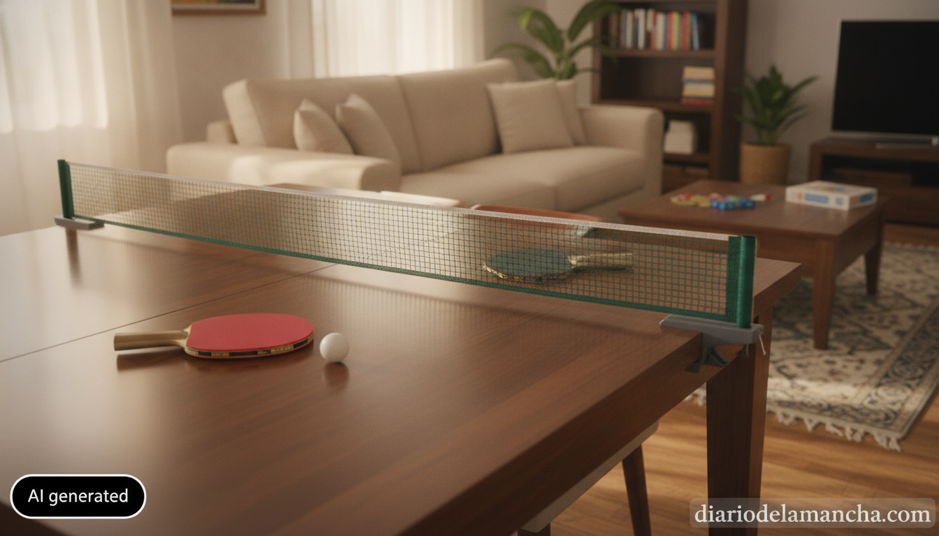 Juega ping-pong en cualquier lugar con la red retráctil de instalación rápida 1 Red retráctil de ping-pong instalada en mesa de casa