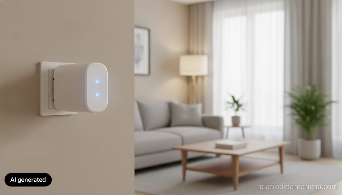 Consigue WiFi en toda tu casa sin zonas muertas con este repetidor a solo 12 € y disfruta de una conexión estable. 1 Repetidor WiFi enchufado en el salón de una vivienda