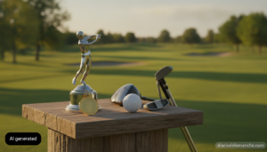 Realistic photojournalism style photo of a golf trophy and medal on a wooden podium table next to a golf ball and clubs, o...