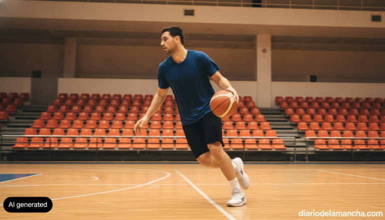 Realistic photojournalism style photo of a basketball player dribbling on an indoor court, generic sports arena in the bac...