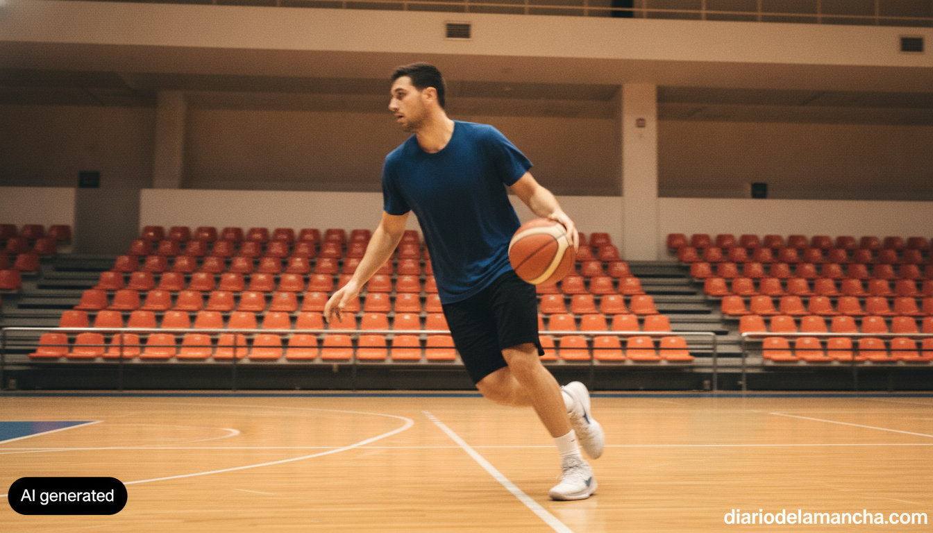 Realistic photojournalism style photo of a basketball player dribbling on an indoor court, generic sports arena in the bac...