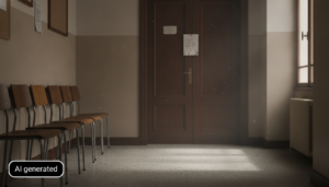 Image of a Spanish regional education department office corridor, closed wooden door with a small paper notice pinned to i...