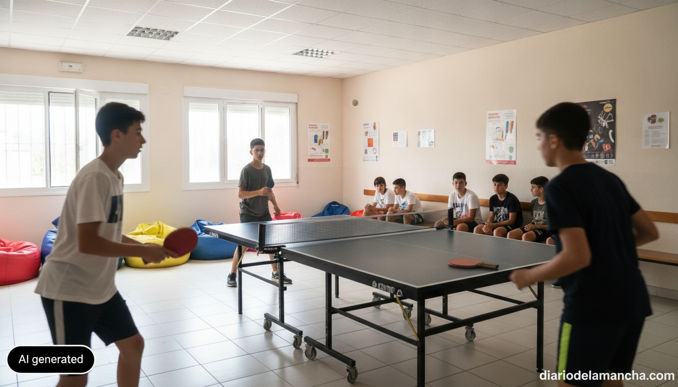 Editorial photo inside a youth community center recreation room in a small Spanish town, a table tennis table mid-game wit...