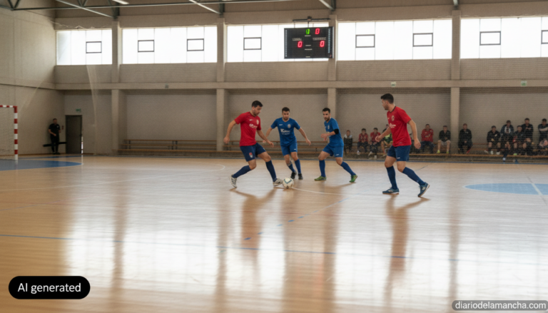 Realistic photojournalistic wide shot of an indoor futsal match in a Spanish municipal sports pavilion, players in generic...